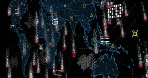 Image of binary coding and data processing over world map Illustrazione stock