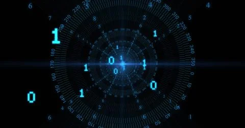 Image of binary coding and data processing over scopes Illustrazione stock
