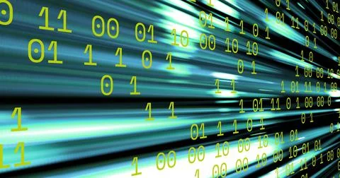 Image of binary coding and data processing over blue light trails Stock Illustration