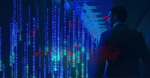 Image of binary coding and data processing over businessman by computer servers Stock Illustration