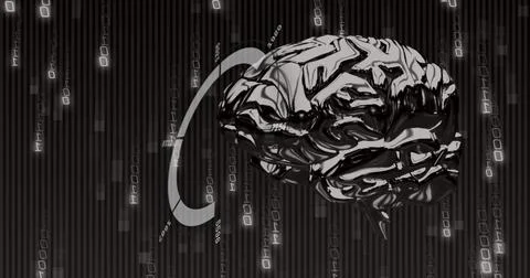 Image of binary coding and data processing with human brain over black イラスト素材