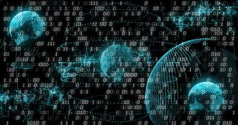 Image of binary coding and data processing over globes Illustrazione stock