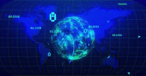 Image of binary coding and data processing over globe and world map Illustrazione stock