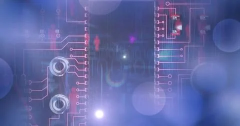 Image of binary coding and data processing on glowing computer circuit board Stock Illustration
