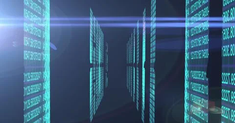 Image of binary coding and data processing over light spots Stock Photos