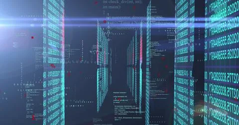 Image of binary coding and data processing over light spots Stock Photos