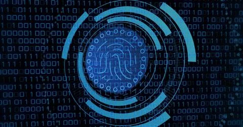 Image of binary coding and data processing over biometric reading Stock Photos