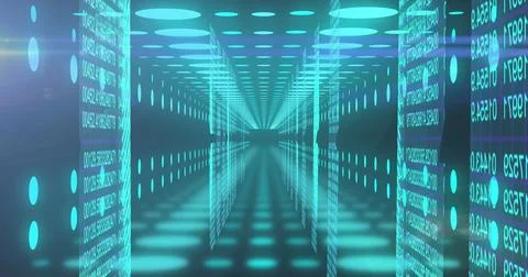 Image of binary coding and data processing over neon tunnel Stock Photos