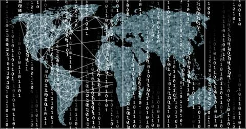 Image of binary coding and data processing over world map 写真素材