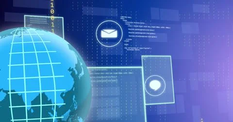 Image of binary coding and data processing over globe Stock Photos