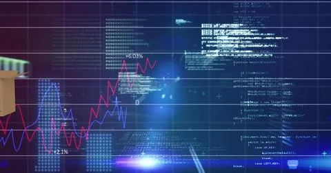 Image of binary coding and data processing over cardboard boxes moving 스톡 사진