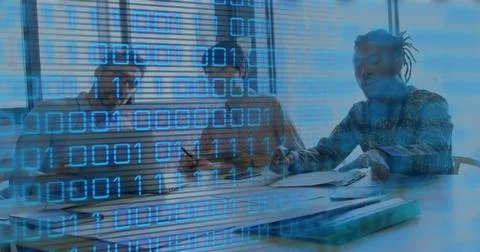 Image of binary coding and data processing over business people working in 스톡 사진