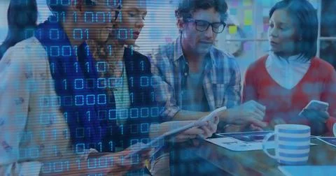 Image of binary coding and data processing over business people working in Stock Photos