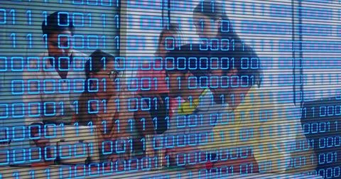 Image of binary coding and data processing over business people working in 스톡 사진