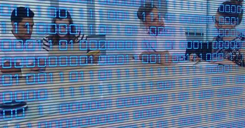 Image of binary coding and data processing over business people working in Stock Photos