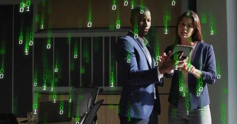 Image of binary coding and data processing over business people in office Stock Photos