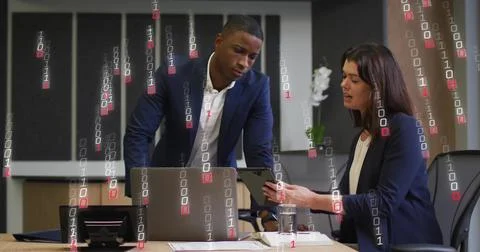 Image of binary coding and data processing over business people in office Stock Photos