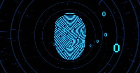 Image of binary coding and data processing and fingerprint over dark background 库存照片