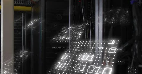 Image of binary coding and data processing over computer servers Stock Photos