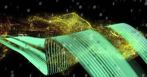 Image of binary coding and data processing over light trails Stock Photos