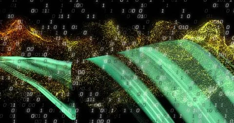 Image of binary coding and data processing over light trails Stock Photos