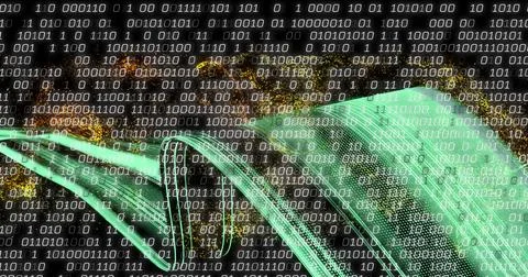 Image of binary coding and data processing over light trails 库存照片