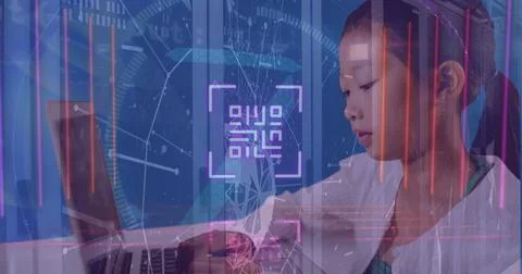 Image of binary coding and data processing over woman using tablet Stock Photos