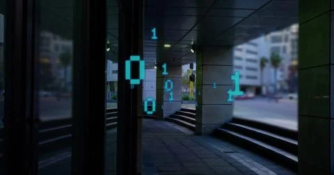 Image of binary coding and data processing over cityscape 스톡 사진