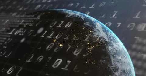 Image of binary coding and data processing over globe Stock Photos