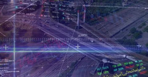 Image of binary coding and data processing over grid Stock Photos