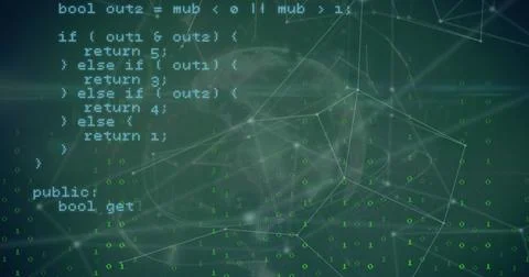 Image of binary coding and data processing over globe of plexus networks on Foto stock