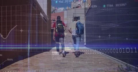 Image of binary coding and data processing over men walking in street Stock Photos