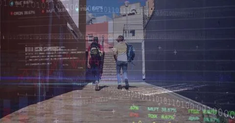 Image of binary coding and data processing over men walking in street 스톡 사진
