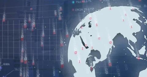 Image of binary coding and data processing over cityscape and globe Stock Photos