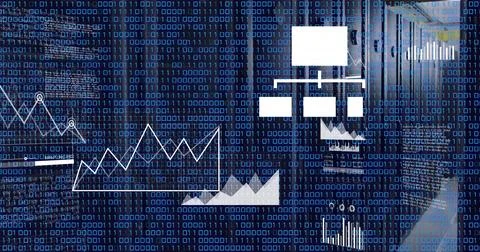 Image of binary coding and data processing against computer server room Stock Photos