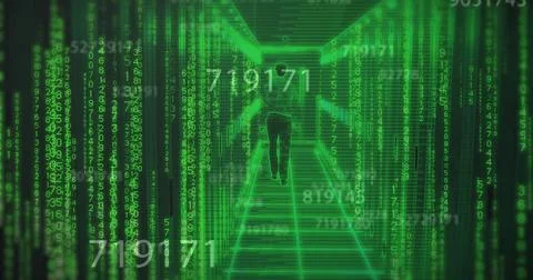 Image of binary coding and data processing over caucasian man by computer 스톡 사진