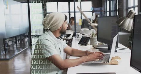 Image of binary coding and data processing over biracial businessman in office 스톡 사진