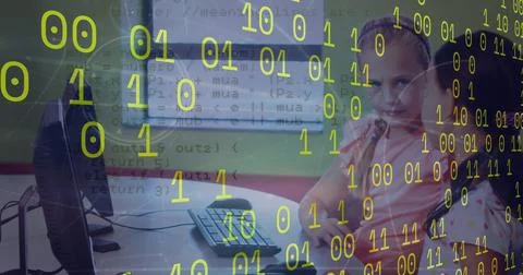 Image of binary coding and data processing against two diverse girls using Stockfoto's