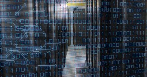 Image of binary coding and data processing over computer servers Foto stock