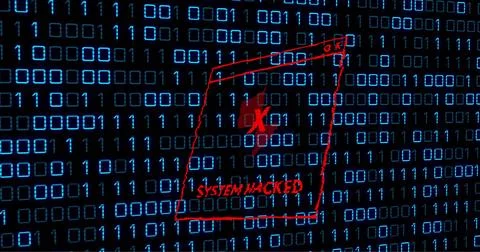 Image of binary coding and data processing over system hacked text Foto stock