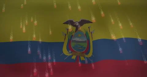 Image of binary coding and data processing over flag of equador Stock Photos