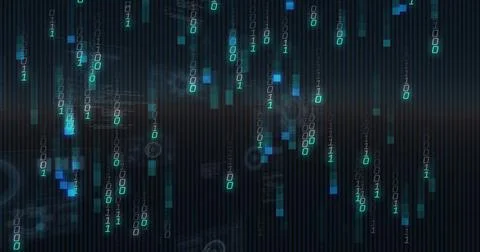 Image of binary coding and data processing over dark background 库存照片