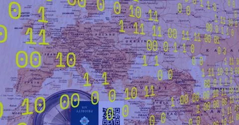 Image of binary coding and data processing over world map Stock Photos
