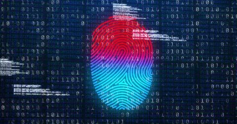 Image of binary coding and data processing over biometric fingerprint Stock Photos