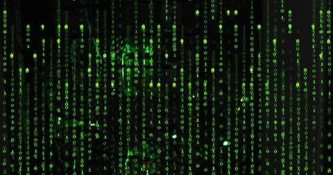 Image of binary coding and data processing over black background 스톡 사진