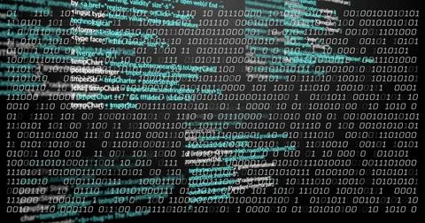 Image of binary coding and data processing on black background 库存照片