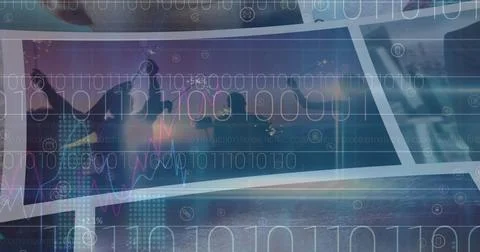 Image of binary coding and data processing on screens over people dancing Stock Photos