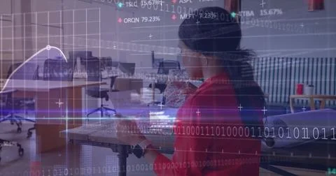 Image of binary coding and data processing over businesswoman in office Stock Photos