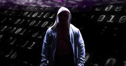 Image of binary coding and data processing over male hacker in hoodie Stock Photos