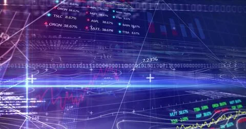 Image of binary coding and data processing over blue background 库存照片